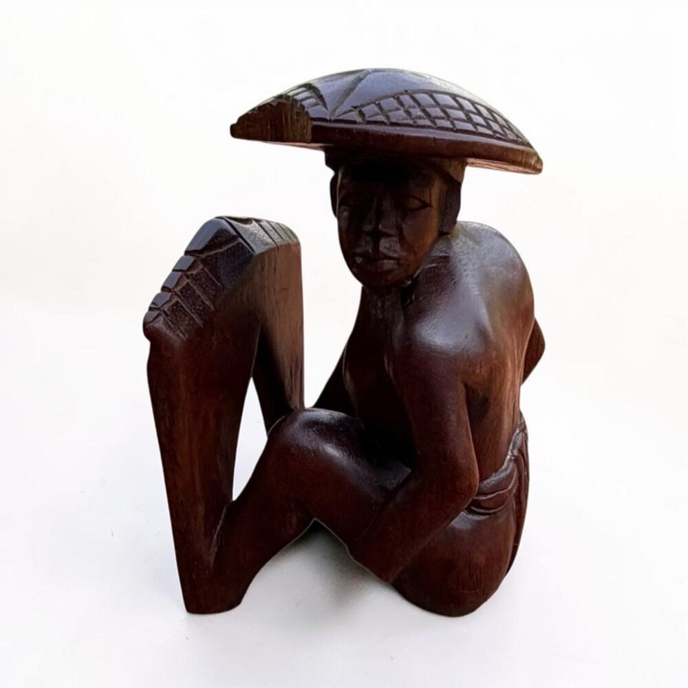 Vintage MCM Polynesian Man Carved Wood Bookend See Pics Of Sombrero